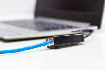 Blue CAT 6E UTP CABLE Connect to Port USB  (Device USB To Lan) Concept Device Technology 