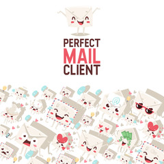 Obraz premium Mail envelope vector mailed post emoticon mailing lovely message letter kawaii email character backdrop emailing illustration smiling mail client background banner