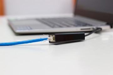 Blue CAT 6E UTP CABLE Connect to Port USB  (Device USB To Lan) Concept Device Technology 