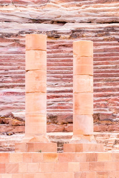 Columns at ancient theatre in Petra (Red Rose City), Jordan. Petra is UNESCO World Heritage Site and is one of New7Wonders of the World.