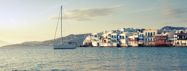 Mykonos village waterfront and yacht