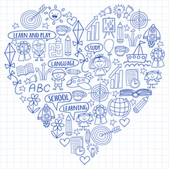 Vector set of learning English language, children's drawingicons icons in doodle style. Painted, drawn with a pen, on a sheet of checkered paper on a white background.