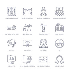 set of 16 thin linear icons such as headphone, movie countdown, 3 dimension screen, 3d movie, 4k, actress, animation from cinema collection on white background, outline sign icons or symbols