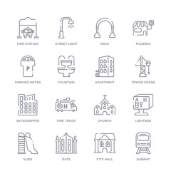 set of 16 thin linear icons such as subway, city hall, gate, slide, lightbox, church, fire truck from city elements collection on white background, outline sign icons or symbols