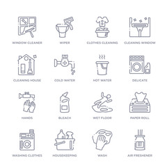 Naklejka premium set of 16 thin linear icons such as air freshener, wash, housekeeping, washing clothes, paper roll, wet floor, bleach from cleaning collection on white background, outline sign icons or symbols