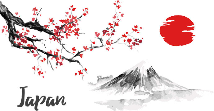 Japan traditional sumi-e painting. Sakura, cherry blossom. Fuji mountain. Indian ink illustration. Japanese picture.