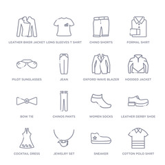 set of 16 thin linear icons such as cotton polo shirt, sneaker, jewelry set, cocktail dress, leather derby shoe, women socks, chinos pants from clothes collection on white background, outline sign