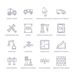 set of 16 thin linear icons such as constructing a brick wall, flags crossed, derrick with boxes, road barrier, stairs with handle, house plan, stopcock from construction collection on white