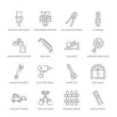 set of 16 thin linear icons such as big clippers, garden fence, two shovels, trolley truck, big door, home key, electric drill from construction collection on white background, outline sign icons or