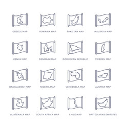 set of 16 thin linear icons such as united arab emirates map, chile map, south africa map, guatemala austria venezuela nigeria map from countrymaps collection on white background, outline sign icons