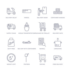 set of 16 thin linear icons such as free delivery, moving, postbox, weight limit, unpacking, waybill, sea ship with containers from delivery and logistic collection on white background, outline sign