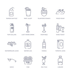 set of 16 thin linear icons such as liquor, mai thai, pub, sieve, tomato juice, vodka, water jug from drinks collection on white background, outline sign icons or symbols