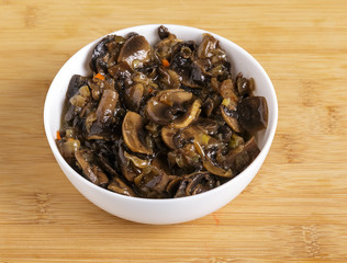Fried mushrooms in a plate on the table.