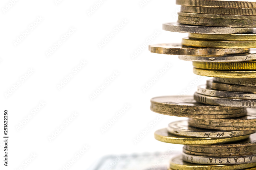 Poster closeup of gold and silver coins stacking in each different position on white background - image.