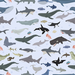 Seamless vector pattern with sea animals on light blue background.