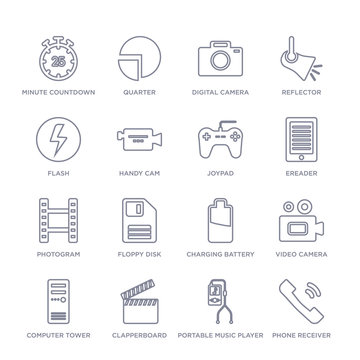 set of 16 thin linear icons such as phone receiver, portable music player, clapperboard, computer tower, video camera, charging battery, floppy disk from electronic stuff fill collection on white