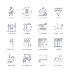set of 16 thin linear icons such as air hockey, arcade, arcade game, billiards, bingo, board games, bowling pins from entertainment and arcade collection on white background, outline sign icons or