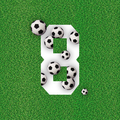 8 number eight, graphic white digit and creative typography with football balls on green background. Football World Cup.