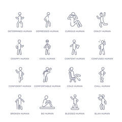 Fototapeta premium set of 16 thin linear icons such as blah human, blessed human, bo human, broken chill cold comfortable human from feelings collection on white background, outline sign icons or symbols