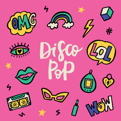 Disco pop 90's stile doodle sticker set