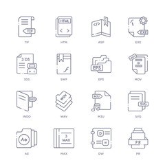 set of 16 thin linear icons such as pr, dw, max, ae, svg, m3u, wav from file type collection on white background, outline sign icons or symbols