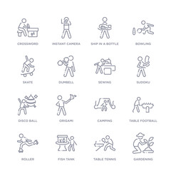 set of 16 thin linear icons such as gardening, table tennis, fish tank, roller, table football, camping, origami from free time collection on white background, outline sign icons or symbols
