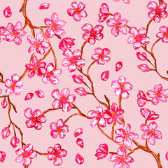 Cherry blossom watercolor painting - seamless pattern with sakura on pink background
