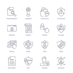 set of 16 thin linear icons such as account, person, key, document, gear, lock, gdpr from gdpr collection on white background, outline sign icons or symbols