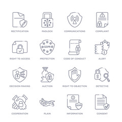 set of 16 thin linear icons such as consent, information, plain, cooperation, detective, right to objection, auction from gdpr collection on white background, outline sign icons or symbols