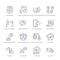 set of 16 thin linear icons such as cit limit, cit rating, cit report, risk, score, crypto-exchange, data aggregation from general collection on white background, outline sign icons or symbols