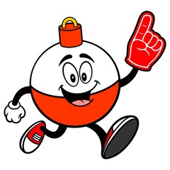 Fishing Bobber Mascot running with a Foam Finger - A vector cartoon illustration of a red and white Fishing Bobber mascot running with a Foam Hand.