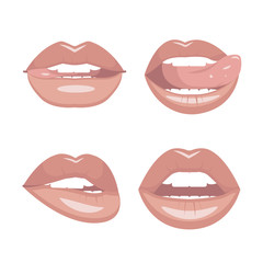 Obraz premium Set of vector lips. Various types of woman lips. Seductive smiles, tongue touches the upper teeth. She bites her lips.