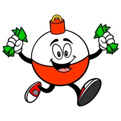 Fishing Bobber Mascot running with Money - A vector cartoon illustration of a red and white Fishing Bobber mascot running with Money.