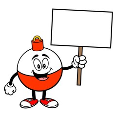 Fishing Bobber Mascot with a Sign - A vector cartoon illustration of a red and white Fishing Bobber mascot holding a blank Sign.