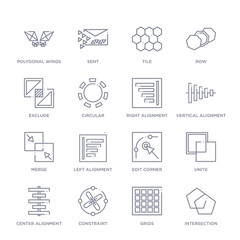 set of 16 thin linear icons such as intersection, grids, constraint, center alignment, unite, edit corner, left alignment from geometric figure collection on white background, outline sign icons or
