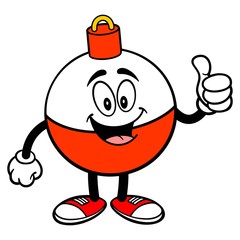 Fishing Bobber Mascot with Thumbs Up - A vector cartoon illustration of a red and white Fishing Bobber mascot holding a Thumbs Up.