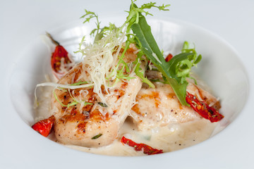  fresh and bright, fish salad from various and appetizing vegetables for designer solutions in cooking