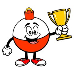 Fishing Bobber Mascot with a Trophy - A vector cartoon illustration of a red and white Fishing Bobber mascot holding a Trophy. © Larry Rains
