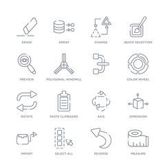 set of 16 thin linear icons such as measure, reverse, select all, import, dimension, axis, paste clipboard from geometry collection on white background, outline sign icons or symbols