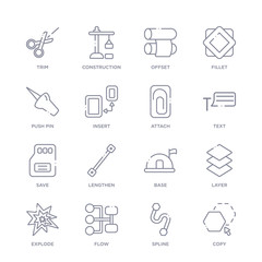 set of 16 thin linear icons such as copy, spline, flow, explode, layer, base, lengthen from geometry collection on white background, outline sign icons or symbols