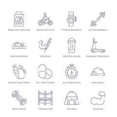 Fototapeta premium set of 16 thin linear icons such as muscles, gym bag, trampoline, resistance, bosu ball, big stopwatch, pill and tablet from gym and fitness collection on white background, outline sign icons or