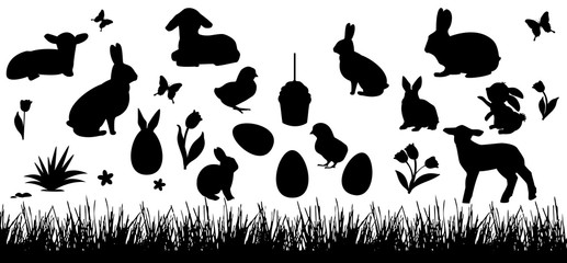 Set of easter animals. Silhouettes of rabbits, chicks and lambs