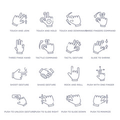 set of 16 thin linear icons such as push to minimize gesture, push to slide down, push to slide right and left gesture, unlock gesture, with one finger slide, rock and roll, shake gesture from hands