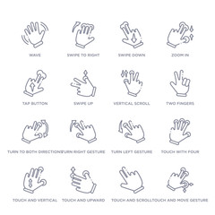 set of 16 thin linear icons such as touch and move gesture, touch and scroll gesture, touch and upward slide, vertical sliding gesture, with four fingers, turn left turn right gesture from hands