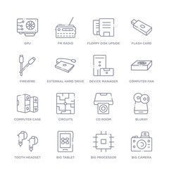 set of 16 thin linear icons such as big camera, big processor, big tablet, tooth headset, bluray, cd room, circuits from hardware collection on white background, outline sign icons or symbols