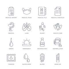 set of 16 thin linear icons such as band aid, blood, blood drop, condom, defibrillator, desinfectant, emergency from health and medical collection on white background, outline sign icons or symbols