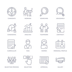 set of 16 thin linear icons such as salary, approval, selection, selection process, personal profile, women, man from human resources collection on white background, outline sign icons or symbols