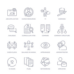 Fototapeta premium set of 16 thin linear icons such as employee, networking, files, 12 hours, administrator, appearance, balance in human resources from human resources collection on white background, outline sign