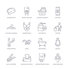 set of 16 thin linear icons such as hair washing, appointment book, sanitary napkin, nail clippers, urinal, bathroom, lens from hygiene collection on white background, outline sign icons or symbols