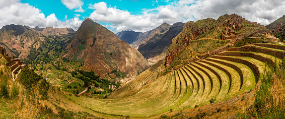 Inca ancient ruins at Pisac Archaeological site, Peru - Powered by Adobe